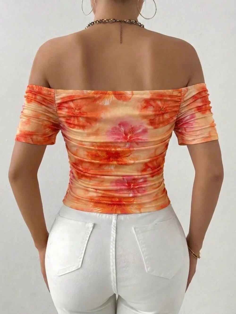 Orange Casual Women's Off-Shoulder Ruched Floral Print Beach T-Shirt